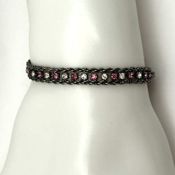 Vintage Sterling Silver 925 Rope Chain Bracelet Pink & Clear Rhinestones 7.25” - Picture 9 of 11